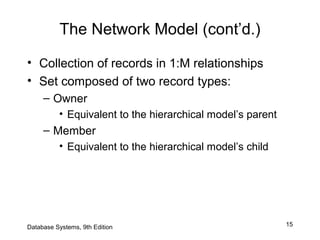 15Database Systems, 9th Edition
The Network Model (cont’d.)
• Collection of records in 1:M relationships
• Set composed of two record types:
– Owner
• Equivalent to the hierarchical model’s parent
– Member
• Equivalent to the hierarchical model’s child
 