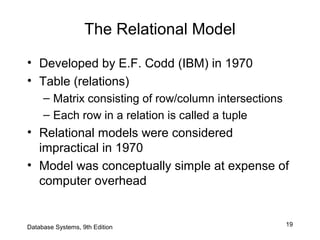 19
The Relational Model
• Developed by E.F. Codd (IBM) in 1970
• Table (relations)
– Matrix consisting of row/column intersections
– Each row in a relation is called a tuple
• Relational models were considered
impractical in 1970
• Model was conceptually simple at expense of
computer overhead
Database Systems, 9th Edition
 