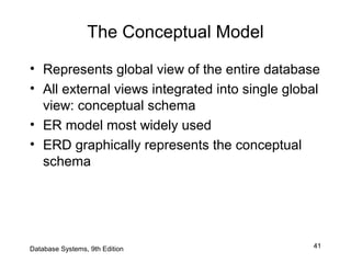 41
The Conceptual Model
• Represents global view of the entire database
• All external views integrated into single global
view: conceptual schema
• ER model most widely used
• ERD graphically represents the conceptual
schema
Database Systems, 9th Edition
 