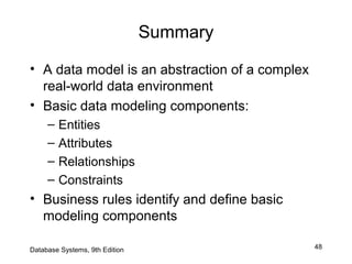 48
Summary
• A data model is an abstraction of a complex
real-world data environment
• Basic data modeling components:
– Entities
– Attributes
– Relationships
– Constraints
• Business rules identify and define basic
modeling components
Database Systems, 9th Edition
 
