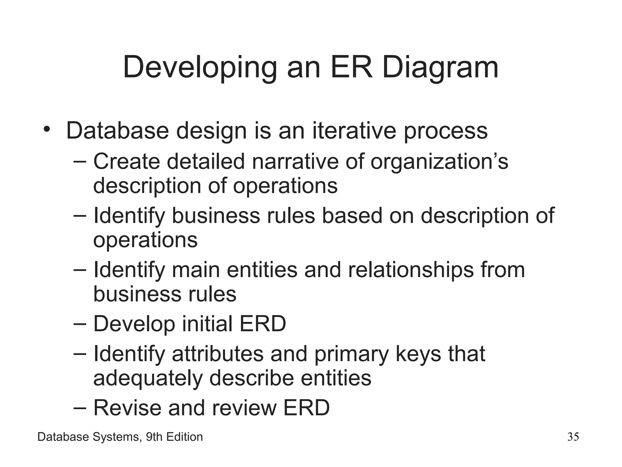 Database Systems, 9th Edition 35
Developing an ER Diagram
• Database design is an iterative process
– Create detailed narrative of organization’s
description of operations
– Identify business rules based on description of
operations
– Identify main entities and relationships from
business rules
– Develop initial ERD
– Identify attributes and primary keys that
adequately describe entities
– Revise and review ERD
 