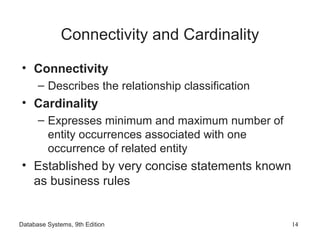 Database Systems, 9th Edition 14
Connectivity and Cardinality
• Connectivity
– Describes the relationship classification
• Cardinality
– Expresses minimum and maximum number of
entity occurrences associated with one
occurrence of related entity
• Established by very concise statements known
as business rules
 