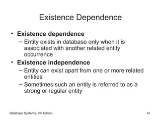 Database Systems, 9th Edition 16
Existence Dependence
• Existence dependence
– Entity exists in database only when it is
associated with another related entity
occurrence
• Existence independence
– Entity can exist apart from one or more related
entities
– Sometimes such an entity is referred to as a
strong or regular entity
 