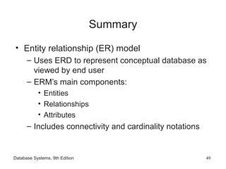 Database Systems, 9th Edition 49
Summary
• Entity relationship (ER) model
– Uses ERD to represent conceptual database as
viewed by end user
– ERM’s main components:
• Entities
• Relationships
• Attributes
– Includes connectivity and cardinality notations
 