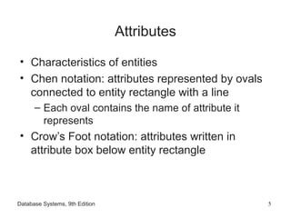 Database Systems, 9th Edition 5
Attributes
• Characteristics of entities
• Chen notation: attributes represented by ovals
connected to entity rectangle with a line
– Each oval contains the name of attribute it
represents
• Crow’s Foot notation: attributes written in
attribute box below entity rectangle
 