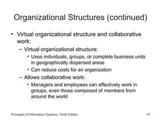 Organizational Structures (continued)
• Virtual organizational structure and collaborative
  work:
     – Virtual organizational structure:
           • Uses individuals, groups, or complete business units
             in geographically dispersed areas
           • Can reduce costs for an organization
     – Allows collaborative work:
           • Managers and employees can effectively work in
             groups, even those composed of members from
             around the world


Principles of Information Systems, Tenth Edition                    17
 