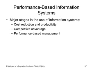Performance-Based Information
                  Systems
• Major stages in the use of information systems:
     – Cost reduction and productivity
     – Competitive advantage
     – Performance-based management




Principles of Information Systems, Tenth Edition    37
 