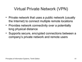 Virtual Private Network (VPN)
• Private network that uses a public network (usually
the Internet) to connect multiple remote locations
• Provides network connectivity over a potentially
long physical distance
• Supports secure, encrypted connections between a
company’s private network and remote users

Principles of Information Systems, Tenth Edition

41

 