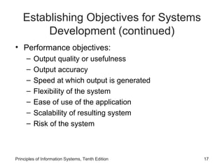 Establishing Objectives for Systems
Development (continued)
• Performance objectives:
–
–
–
–
–
–
–

Output quality or usefulness
Output accuracy
Speed at which output is generated
Flexibility of the system
Ease of use of the application
Scalability of resulting system
Risk of the system

Principles of Information Systems, Tenth Edition

17

 