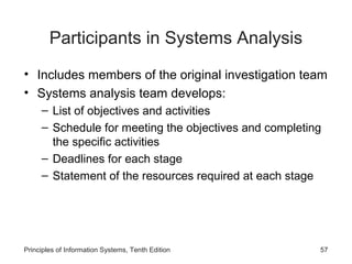 Participants in Systems Analysis
• Includes members of the original investigation team
• Systems analysis team develops:
– List of objectives and activities
– Schedule for meeting the objectives and completing
the specific activities
– Deadlines for each stage
– Statement of the resources required at each stage

Principles of Information Systems, Tenth Edition

57

 