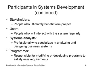 Participants in Systems Development
(continued)
• Stakeholders:
– People who ultimately benefit from project

• Users:
– People who will interact with the system regularly

• Systems analysts:
– Professional who specializes in analyzing and
designing business systems

• Programmer:
– Responsible for modifying or developing programs to
satisfy user requirements
Principles of Information Systems, Tenth Edition

9

 