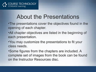 About the Presentations
•The presentations cover the objectives found in the
opening of each chapter.
•All chapter objectives are listed in the beginning of
each presentation.
•You may customize the presentations to fit your
class needs.
•Some figures from the chapters are included. A
complete set of images from the book can be found
on the Instructor Resources disc.
 