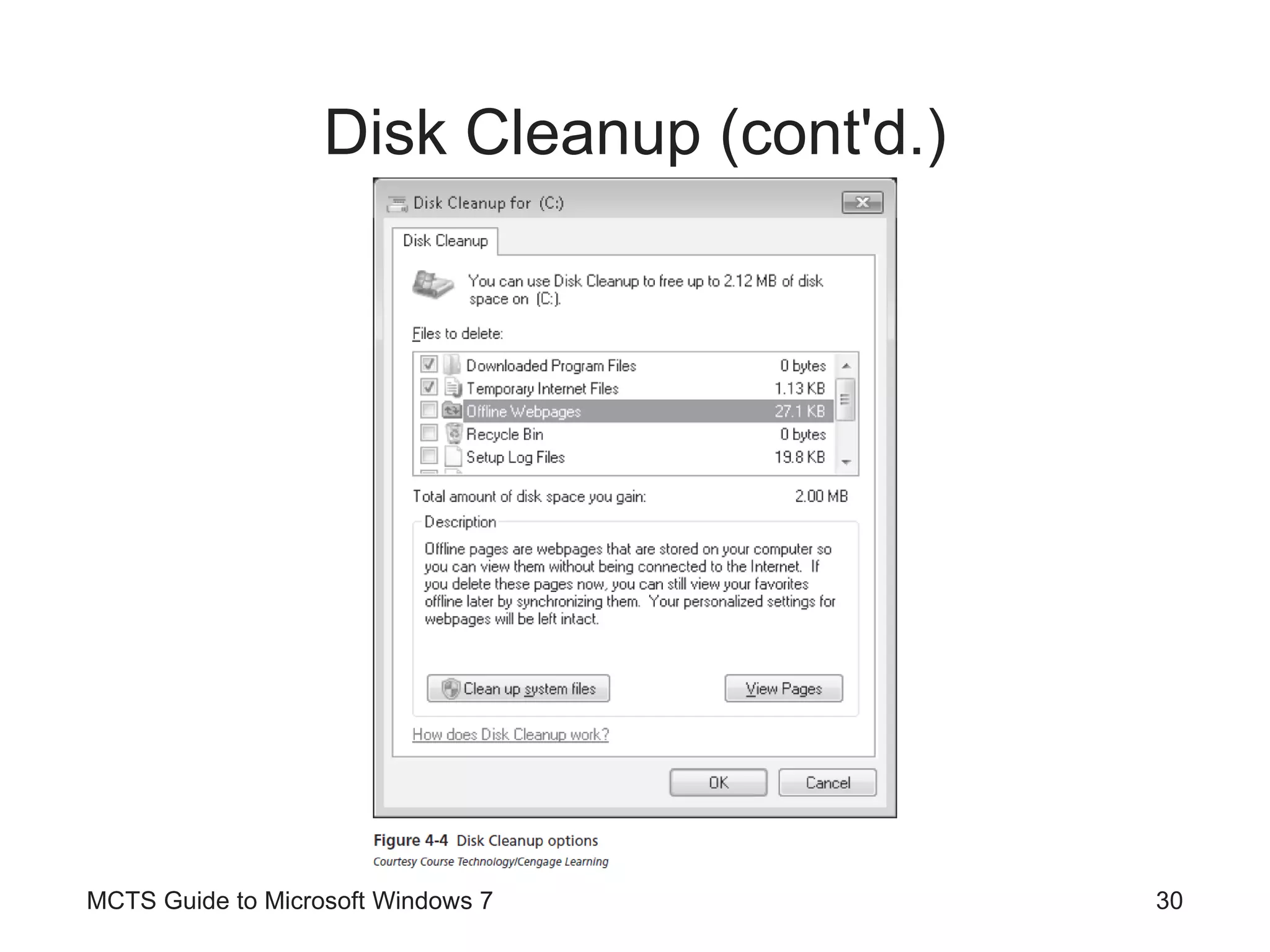 Disk Cleanup (cont'd.) MCTS Guide to Microsoft Windows 7 
