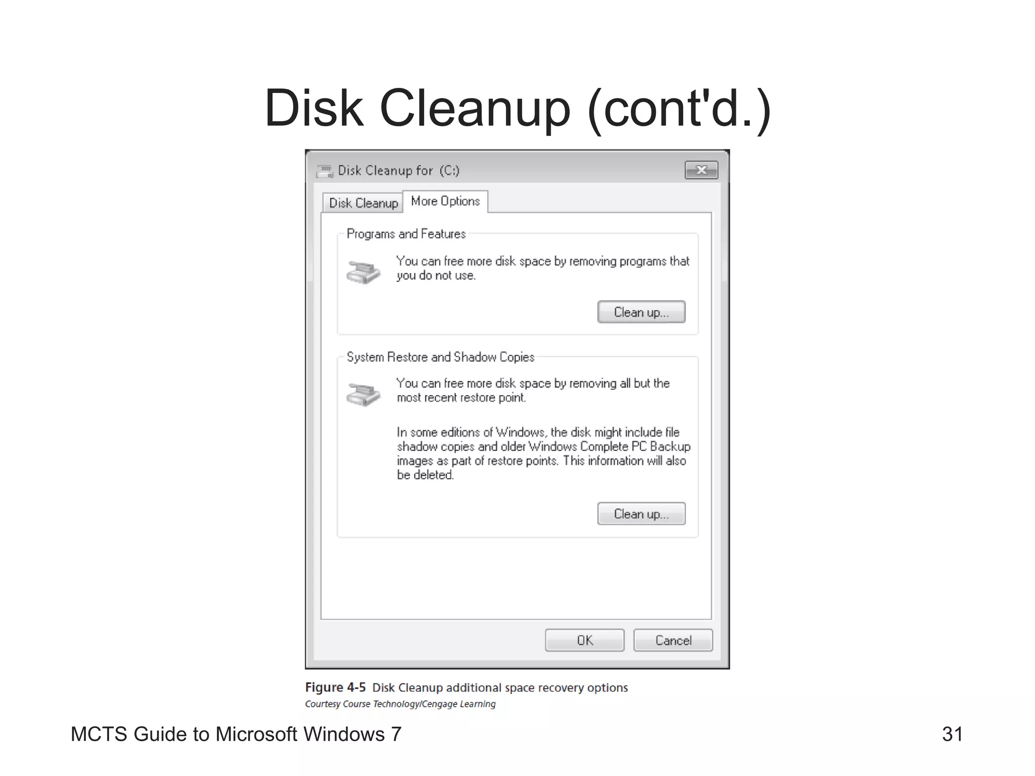 Disk Cleanup (cont'd.) MCTS Guide to Microsoft Windows 7 