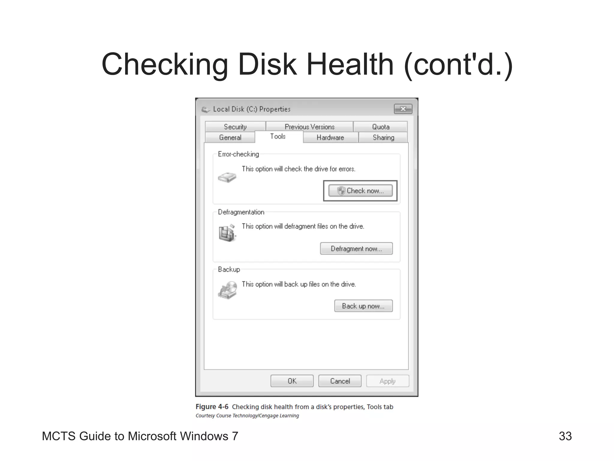 Checking Disk Health (cont'd.) MCTS Guide to Microsoft Windows 7 