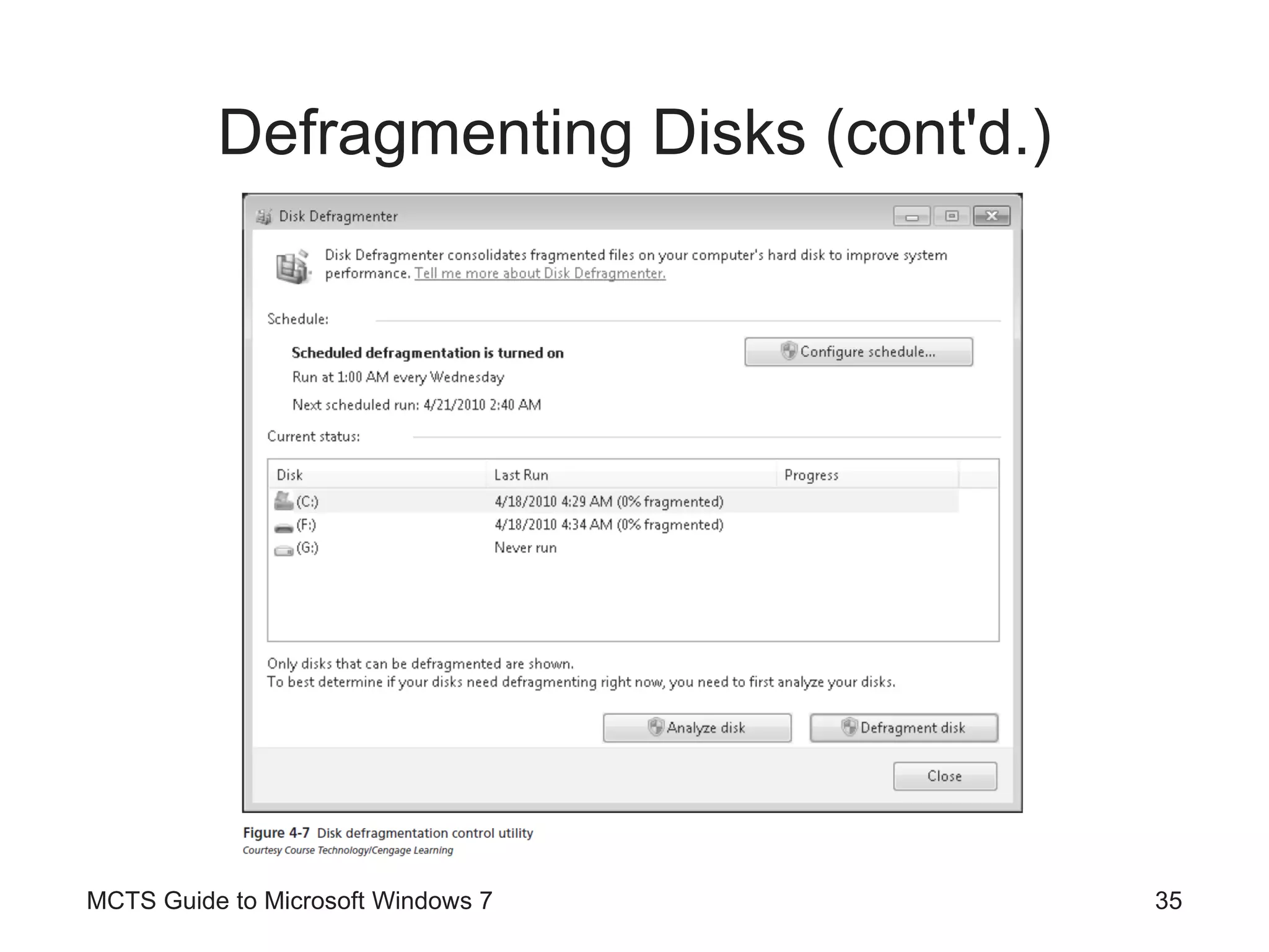 Defragmenting Disks (cont'd.) MCTS Guide to Microsoft Windows 7 