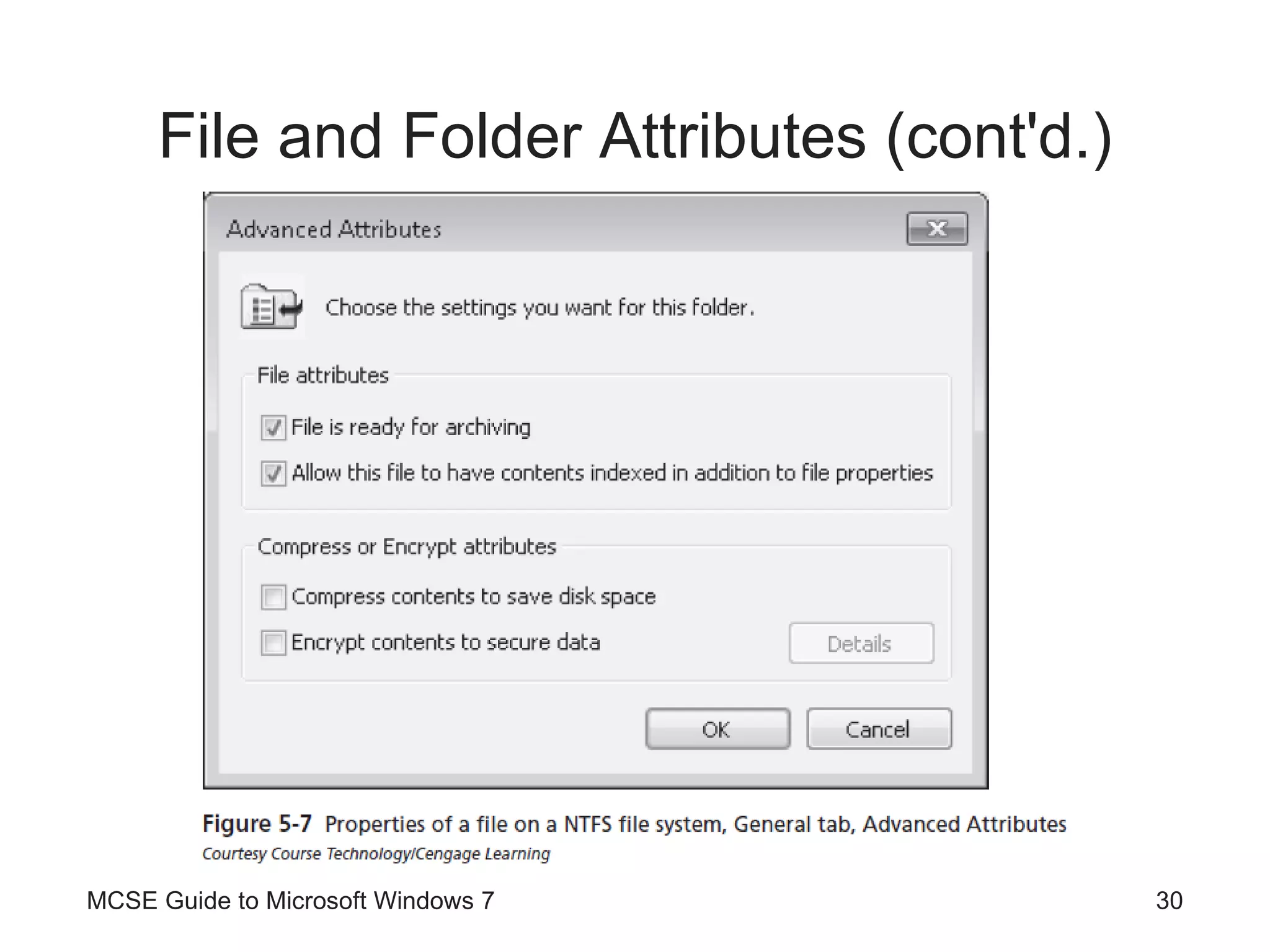 File and Folder Attributes (cont'd.) MCSE Guide to Microsoft Windows 7 