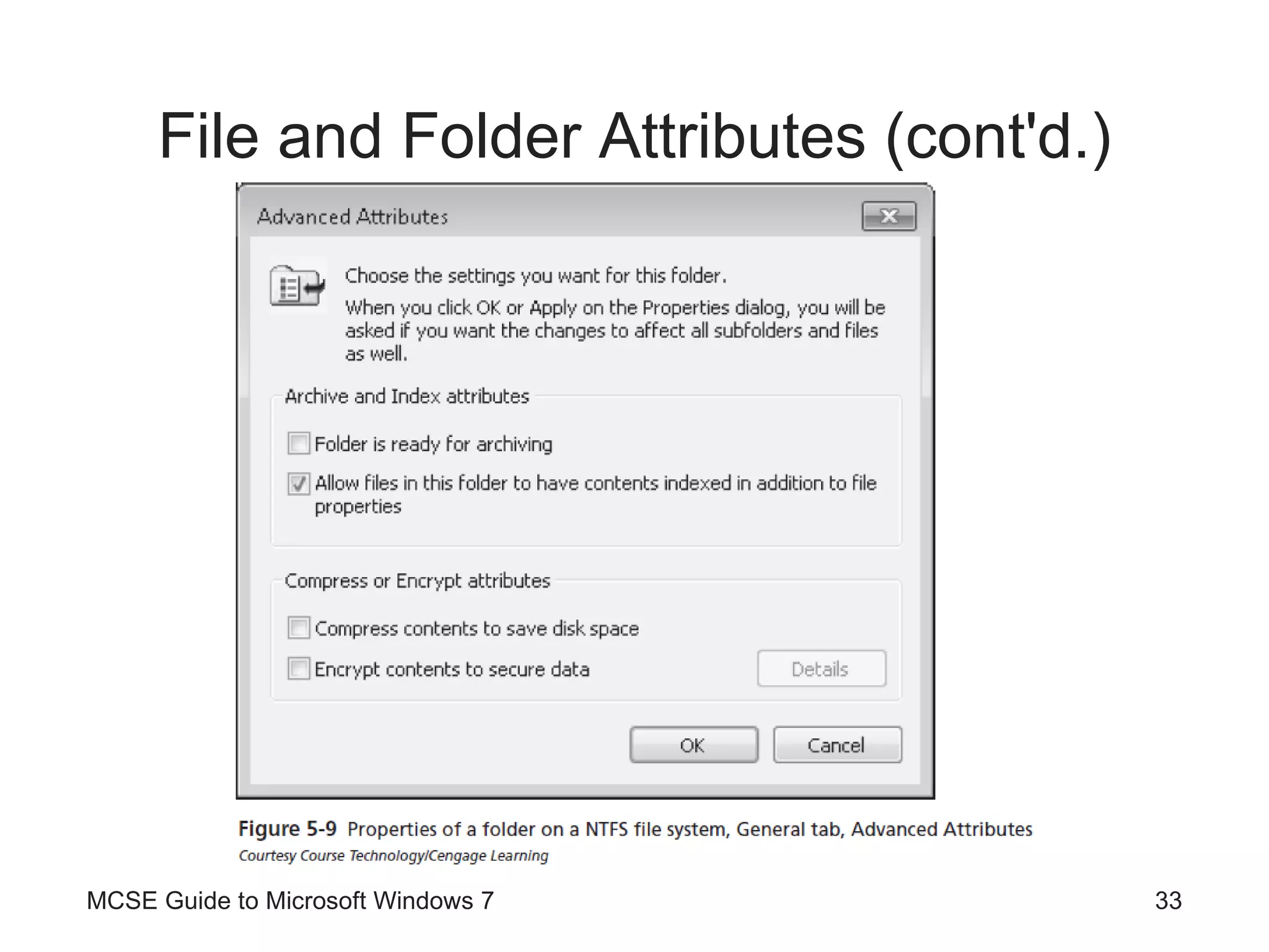 File and Folder Attributes (cont'd.) MCSE Guide to Microsoft Windows 7 
