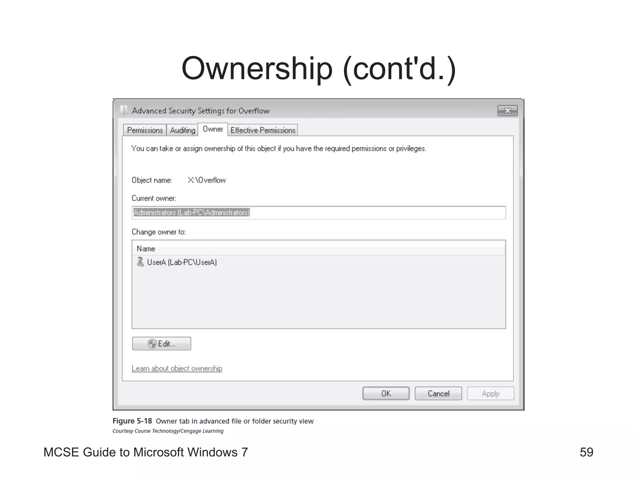 Ownership (cont'd.) MCSE Guide to Microsoft Windows 7 