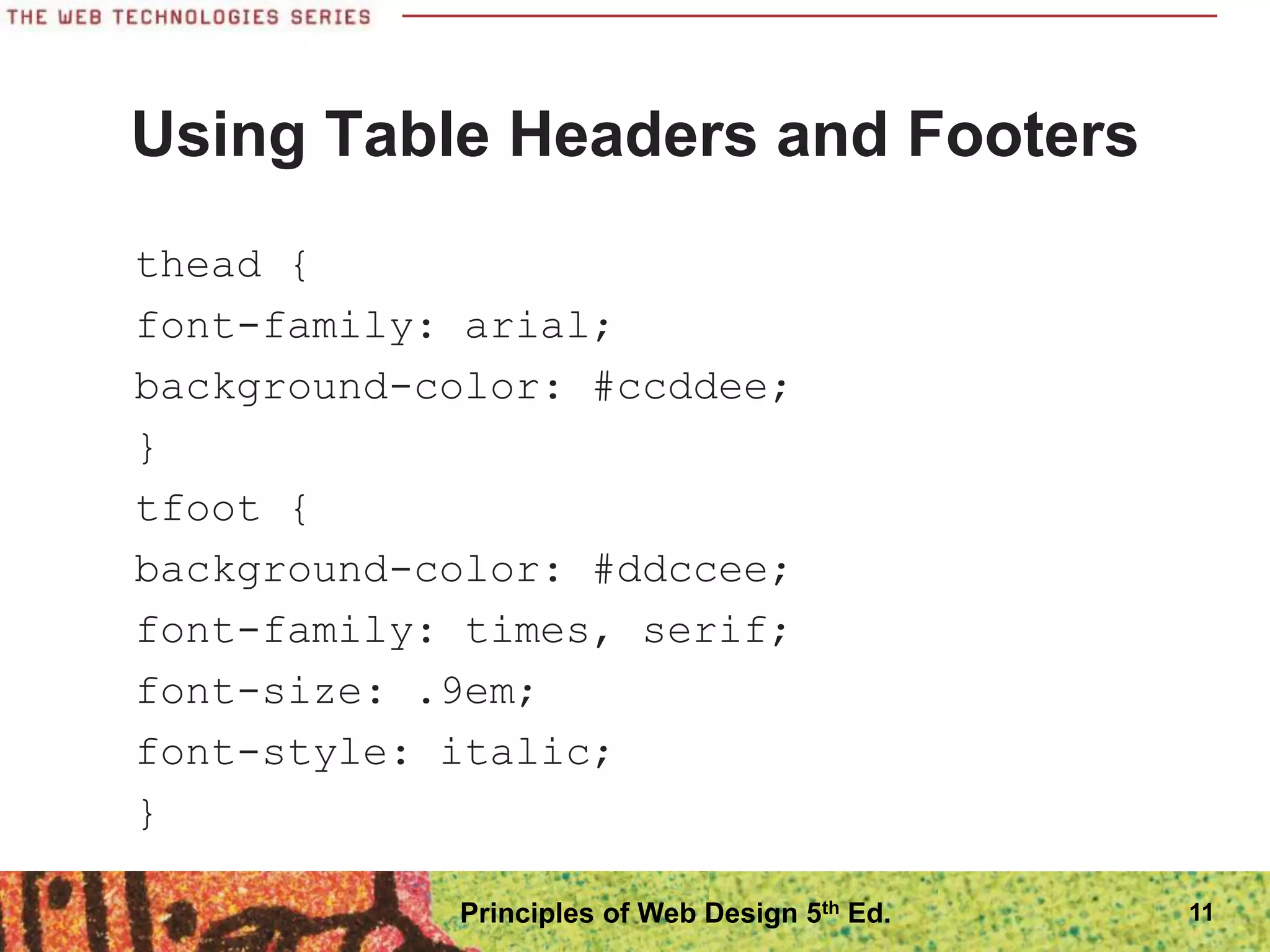 Using Table Headers and Footers
thead {
font-family: arial;
background-color: #ccddee;
}
tfoot {
background-color: #ddccee;
font-family: times, serif;
font-size: .9em;
font-style: italic;
}
Principles of Web Design 5th Ed. 11
 