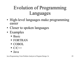 Evolution of Programming Languages High-level languages   make programming easier Closer to spoken languages Examples Basic  FORTRAN COBOL C/C++ Java Java Programming: From Problem Analysis to Program Design, 5e 