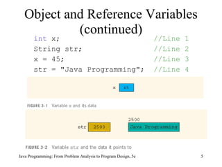 int  x;  //Line 1 String str;  //Line 2   x = 45;  //Line 3 str = "Java Programming";  //Line 4 Object and Reference Variables (continued) Java Programming: From Problem Analysis to Program Design, 5e 