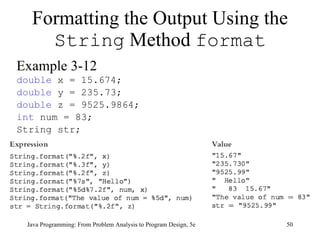 Formatting the Output Using the  String  Method  format Example 3-12 double  x = 15.674;  double  y = 235.73;  double  z = 9525.9864; int  num = 83; String str; Java Programming: From Problem Analysis to Program Design, 5e 