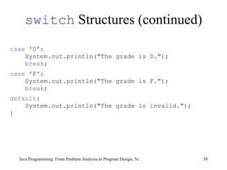 case  'D':  System.out.println("The grade is D."); break ; case  'F':  System.out.println("The grade is F."); break ; default :  System.out.println("The grade is invalid."); } switch  Structures (continued) Java Programming: From Problem Analysis to Program Design, 5e 