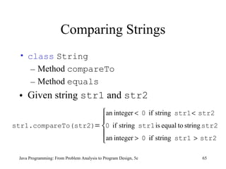 Comparing Strings class   String   Method  compareTo Method  equals Given string  str1  and  str2 Java Programming: From Problem Analysis to Program Design, 5e 