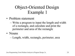 Object-Oriented Design  Example 1 Problem statement Write a program to input the length and width of a rectangle, and calculate and print the perimeter and area of the rectangle Nouns Length, width, rectangle, perimeter, area Java Programming: From Problem Analysis to Program Design, 5e 