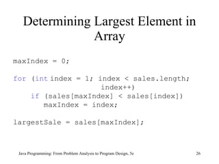 Determining Largest Element in Array Java Programming: From Problem Analysis to Program Design, 5e maxIndex = 0;  for  ( int   index = 1; index < sales.length;  index++) if  (sales[maxIndex] < sales[index]) maxIndex = index; largestSale = sales[maxIndex]; 
