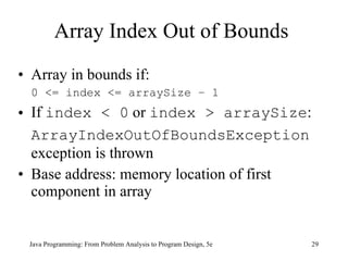 Array Index Out of Bounds  Array in bounds if: 0 <= index <= arraySize – 1 If  index < 0  or  index > arraySize : ArrayIndexOutOfBoundsException  exception is thrown Base address: memory location of first component in array Java Programming: From Problem Analysis to Program Design, 5e 