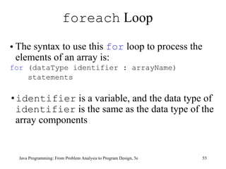 foreach  Loop  The syntax to use this  for  loop to process the elements of an array is: for  (dataType identifier : arrayName) statements identifier  is a variable, and the data type of  identifier  is the same as the data type of the array components Java Programming: From Problem Analysis to Program Design, 5e 