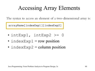 intExp1, intExp2 >= 0 indexExp1  = row position indexExp2  = column position Java Programming: From Problem Analysis to Program Design, 5e Accessing Array Elements 