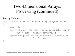 Two-Dimensional Arrays: Processing (continued) Java Programming: From Problem Analysis to Program Design, 5e Sum by Column  for  ( int   col = 0; col < matrix[0].length; col++) { sum = 0; for  ( int   row = 0; row < matrix.length; row++) sum = sum + matrix[row][col]; System.out.println("Sum of column " + (col + 1)  + " = " + sum); } 