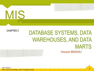1
MIS, Chapter 3
©2011 Course Technology, a part of Cengage Learning
DATABASE SYSTEMS, DATA
WAREHOUSES, AND DATA
MARTS
CHAPTER 3
Hossein BIDGOLI
MIS
 