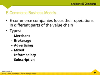 14
MIS, Chapter 8
©2011 Course Technology, a part of Cengage Learning
Chapter 8 E-Commerce
E-Commerce Business Models
• E-commerce companies focus their operations
in different parts of the value chain
• Types:
– Merchant
– Brokerage
– Advertising
– Mixed
– Informediary
– Subscription
 