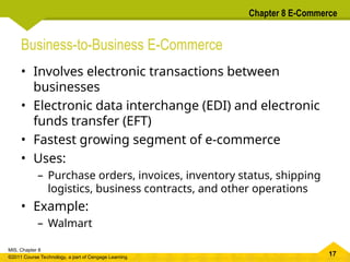 17
MIS, Chapter 8
©2011 Course Technology, a part of Cengage Learning
Chapter 8 E-Commerce
Business-to-Business E-Commerce
• Involves electronic transactions between
businesses
• Electronic data interchange (EDI) and electronic
funds transfer (EFT)
• Fastest growing segment of e-commerce
• Uses:
– Purchase orders, invoices, inventory status, shipping
logistics, business contracts, and other operations
• Example:
– Walmart
 