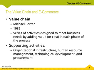 6
MIS, Chapter 8
©2011 Course Technology, a part of Cengage Learning
Chapter 8 E-Commerce
The Value Chain and E-Commerce
• Value chain
– Michael Porter
– 1985
– Series of activities designed to meet business
needs by adding value (or cost) in each phase of
the process
• Supporting activities:
– Organizational infrastructure, human resource
management, technological development, and
procurement
 