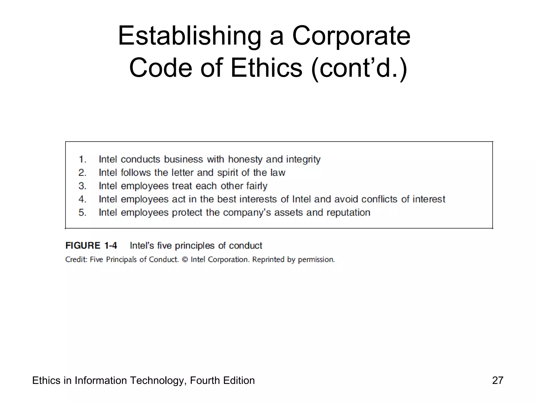 Establishing a Corporate
                   Code of Ethics (cont’d.)




Ethics in Information Technology, Fourth Edition   27
 