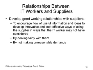 Relationships Between
                  IT Workers and Suppliers
• Develop good working relationships with suppliers:
     – To encourage flow of useful information and ideas to
       develop innovative and cost-effective ways of using
       the supplier in ways that the IT worker may not have
       considered
     – By dealing fairly with them
     – By not making unreasonable demands




Ethics in Information Technology, Fourth Edition              18
 