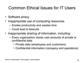 Common Ethical Issues for IT Users

• Software piracy
• Inappropriate use of computing resources
     – Erodes productivity and wastes time
     – Could lead to lawsuits
• Inappropriate sharing of information, including:
     – Every organization stores vast amounts of private or
       confidential data
        • Private data (employees and customers)
        • Confidential information (company and operations)


Ethics in Information Technology, Fourth Edition          35
 