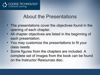 1
• The presentations cover the objectives found in the
opening of each chapter.
• All chapter objectives are listed in the beginning of
each presentation.
• You may customize the presentations to fit your
class needs.
• Some figures from the chapters are included. A
complete set of images from the book can be found
on the Instructor Resources disc.
About the Presentations
 