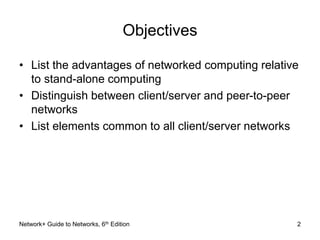 Objectives 
• List the advantages of networked computing relative 
to stand-alone computing 
• Distinguish between client/server and peer-to-peer 
networks 
• List elements common to all client/server networks 
Network+ Guide to Networks, 6th Edition 2 
 
