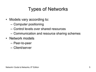Types of Networks 
• Models vary according to: 
– Computer positioning 
– Control levels over shared resources 
– Communication and resource sharing schemes 
• Network models 
– Peer-to-peer 
– Client/server 
Network+ Guide to Networks, 6th Edition 5 
 