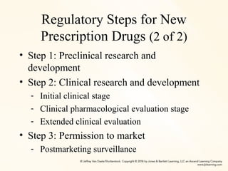 Regulatory Steps for New
Prescription Drugs (2 of 2)
• Step 1: Preclinical research and
development
• Step 2: Clinical research and development
- Initial clinical stage
- Clinical pharmacological evaluation stage
- Extended clinical evaluation
• Step 3: Permission to market
- Postmarketing surveillance
 