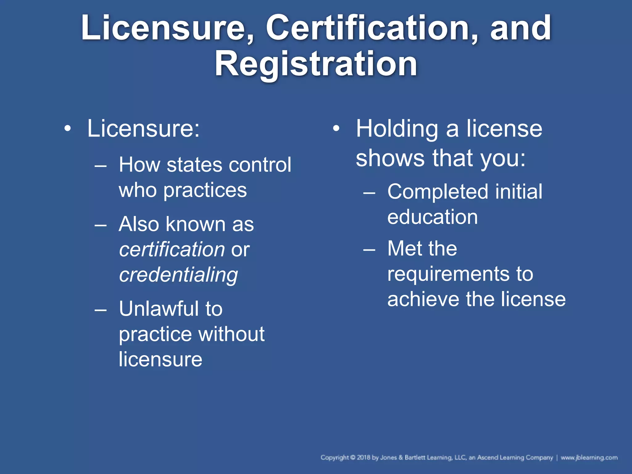 Licensure, Certification, and
Registration
• Licensure:
– How states control
who practices
– Also known as
certification or
credentialing
– Unlawful to
practice without
licensure
• Holding a license
shows that you:
– Completed initial
education
– Met the
requirements to
achieve the license
 