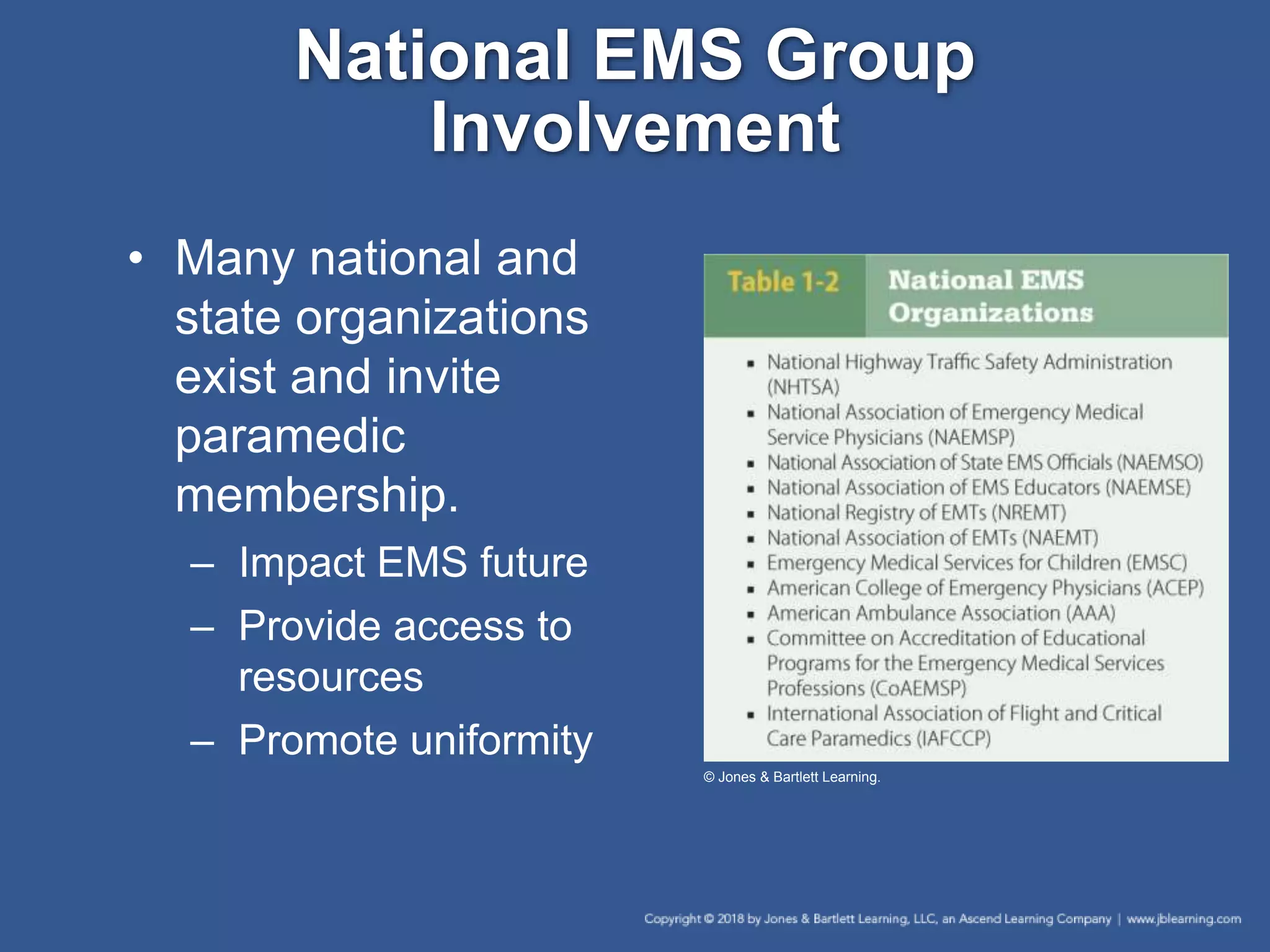 National EMS Group
Involvement
• Many national and
state organizations
exist and invite
paramedic
membership.
– Impact EMS future
– Provide access to
resources
– Promote uniformity
© Jones & Bartlett Learning.
 