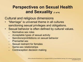 Perspectives on Sexual Health
and Sexuality (1 of 4)
Cultural and religious dimensions
• “Marriage” is universal theme in ...