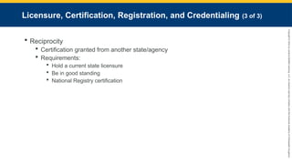 Copyright
©
2023
by
Jones
&
Bartlett
Learning,
LLC,
an
Ascend
Learning
Company
and
the
American
Academy
of
Orthopaedic
Surgeons.
Licensure, Certification, Registration, and Credentialing (3 of 3)
 Reciprocity
 Certification granted from another state/agency
 Requirements:
 Hold a current state licensure
 Be in good standing
 National Registry certification
 